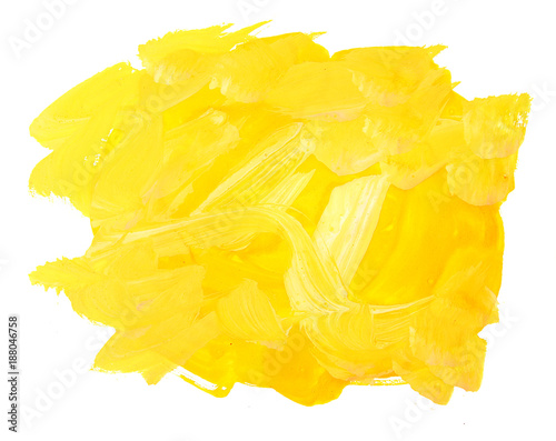 Abstract yellow painting isolated on white background. Artistic brushstroke texture background. Hand painted gouache brushstroke stains.
