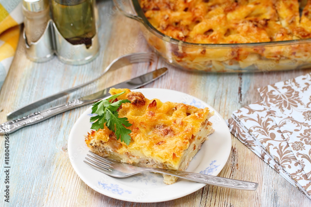 Casserole with pasta, meat and cheese