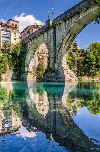 view of Devil's bridge at Cividale del Friuli, view of Cividale del Friuli from the devil's bridge. italy. © marinzolich