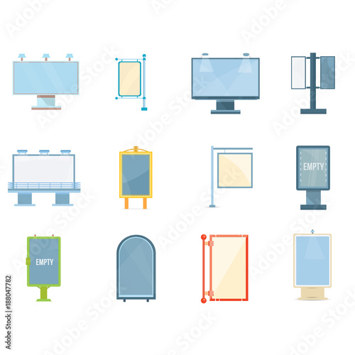 Colorful billboards, fashionable outdoor advertising. Posters, signs of retail trade.