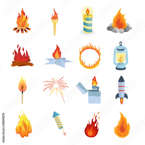 Set of different lights, flames. Campfires for hiking, camping, tourism.
