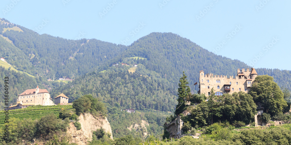 Tyrol Castle, castle Brunnenburg and mountain panorama in Tirol, South Tyrol