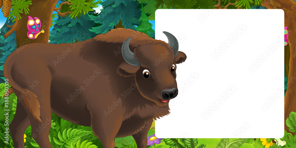 cartoon scene with happy and funny looking buffalo in the forest -  illustration for children Stock Illustration | Adobe Stock