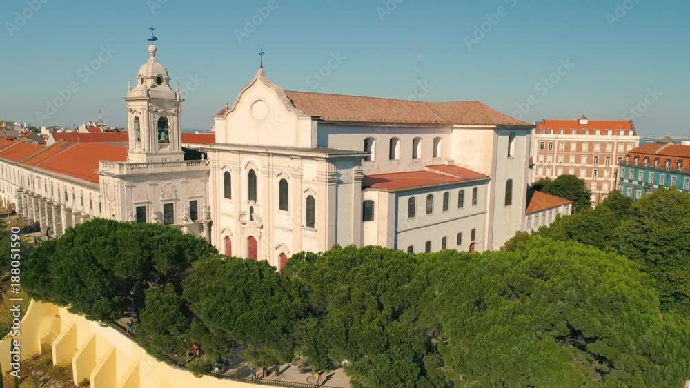 Lisbon Portugal sunny cityscape city centre view aerial panorama 4k drone high
