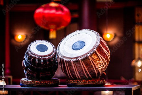 ethnic musical instrument tabla in the interior of the chill-out