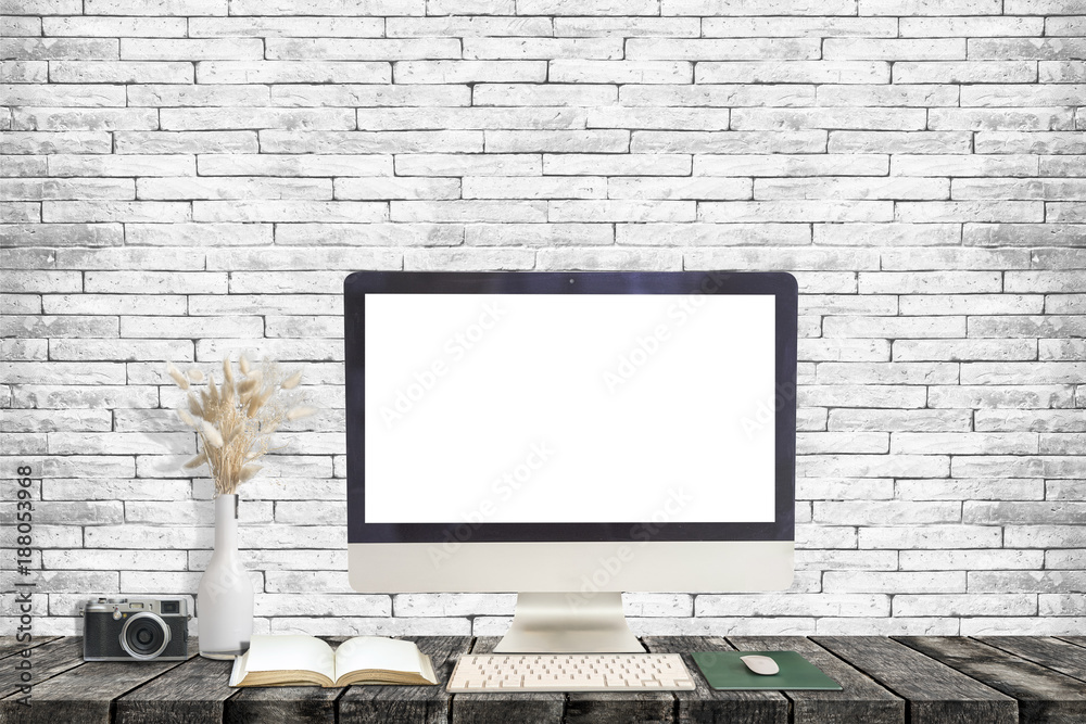 Fototapeta premium Mock up : Stylish workspace with desktop computer, camera and books at home or studio