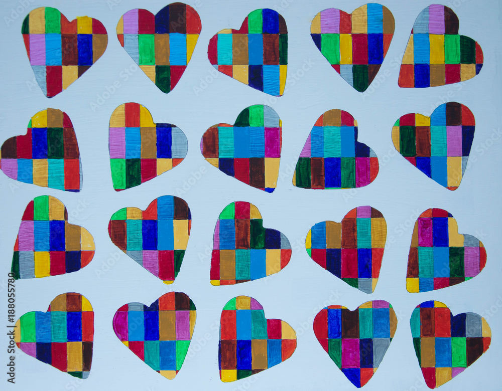 Mosaic love hearts on white wood background