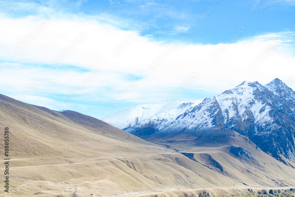 Landscape panorama caucasus mountain with autumn hills