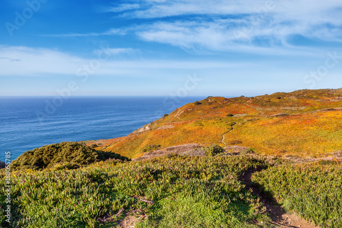 Beautiful ocean landscape, rocks and waves. Cape Roca, Portugal, The westernmost point of Europe and a popular destination for travel