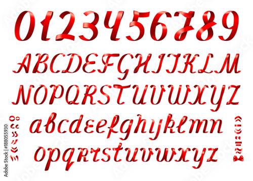 Red ribbon alphabet letters and numbers on white background.Set of uppercase and lowercase letters, diacritic marks and numbers. 