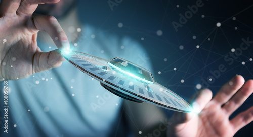 Fototapeta Naklejka Na Ścianę i Meble -  Businessman with retro UFO spaceship 3D rendering