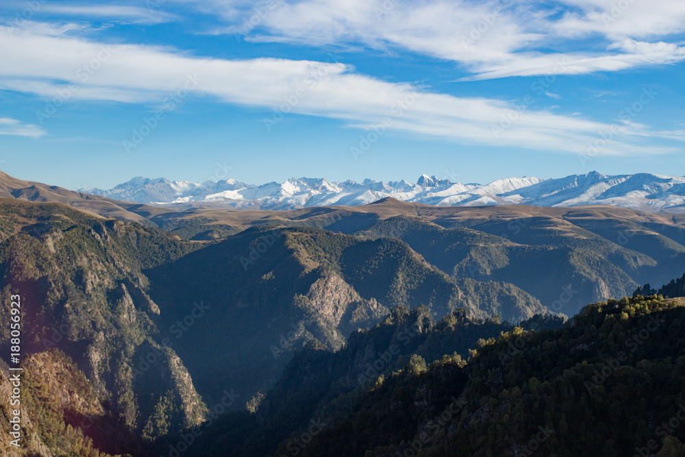 Landscape panorama caucasus mountain with autumn hills