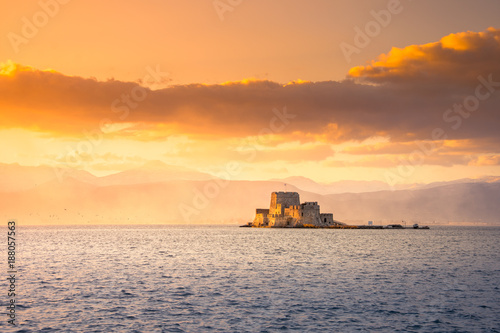Fototapeta Naklejka Na Ścianę i Meble -  The Bourtzi water castle is a small island with a fortress at the coast of Nafplio in Greece