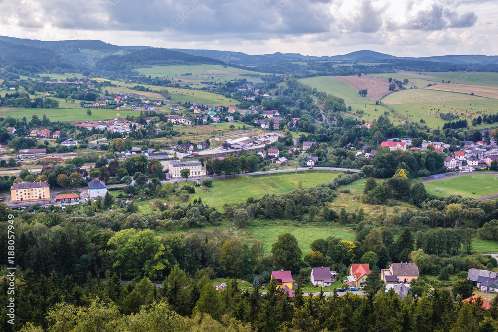 Aerial view of Szczytna town in Klodzko County, located in Central Sudetes Mountains, Poland