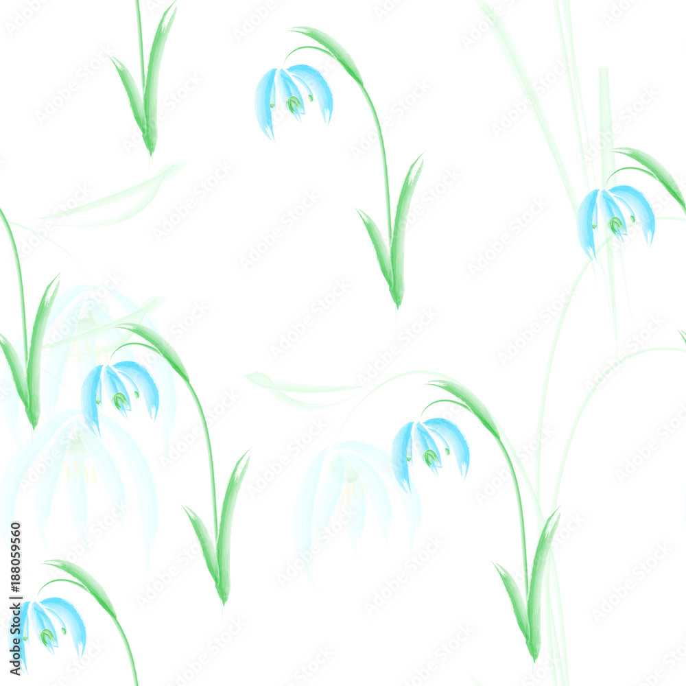 seamless pattern of painted watercolor snowdrops on white background
