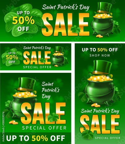 Saint Patricks Day sale. Cover and advertising banner templates set for popular social media web pages or any print productions. Standard size. Vector illustration.