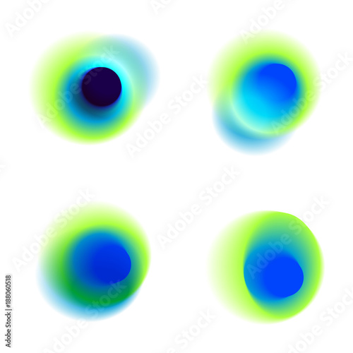 Vector set of gradient circles of vibrant colors. Peacock colored collection of blurred holes on white background. Green, blue, turquoise, transparent spots and dots.