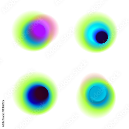 Peacock colored collection of blurred holes on white background. Vector set of gradient circles of vibrant colors. Green, blue, turquoise, yellow transparent spots and dots.