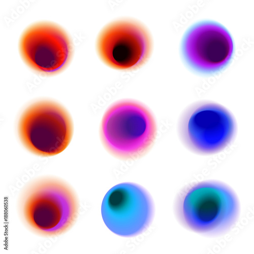Set of gradient circles of vibrant colors. Rainbow colored collection of blurred holes on white background. Red, pink, purple, blue transparent spots and dots.