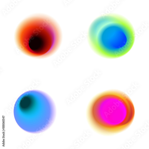 Vector set of gradient circles of vibrant colors. Rainbow colored collection of blurred holes on white background. Green, blue, red, pink, yellow transparent spots and dots.