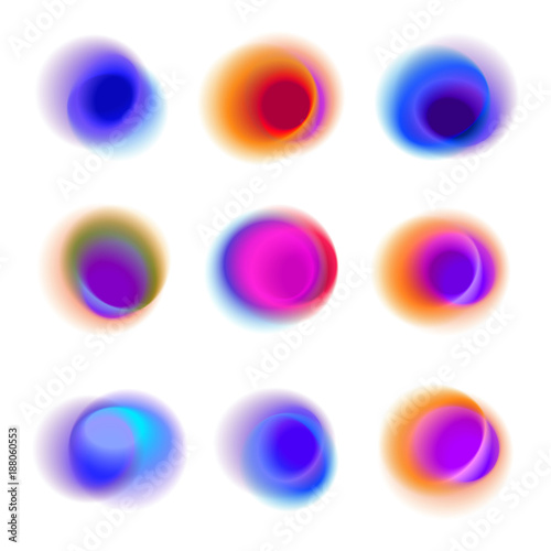 Set of gradient circles of vibrant colors. Rainbow colored collection of blurred round spots on white background. Red, pink, purple, blue transparent dots.