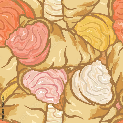 Cake with cream stuffing dessert vector seamless pattern. Repeat multilayered pattern in flat style. Cream roll pastry print for cafe, confectionery. Flaky pastry. Pastry tube filled with cream.
