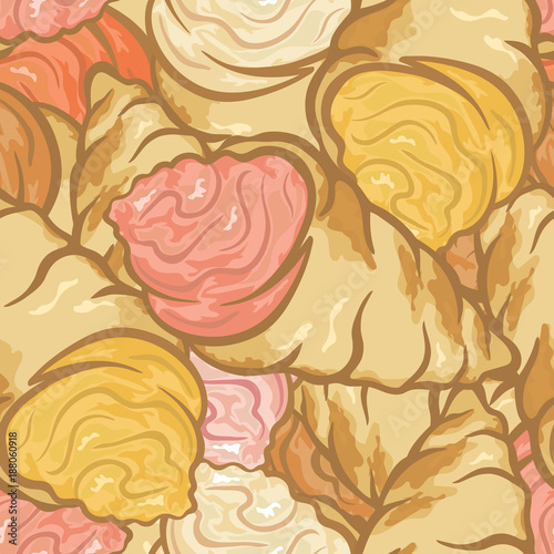 Cake with cream stuffing dessert vector seamless pattern. Repeat multilayered pattern in flat style. Cream roll pastry print for cafe, confectionery. Flaky pastry. Pastry tube filled with cream.