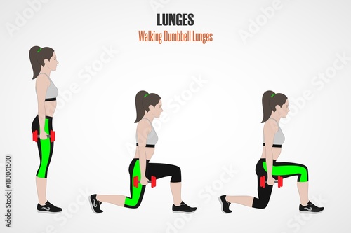 Sport exercises. Exercises with free weight. Walking dumbbell Lunges. Illustration of an active lifestyle. Exercise for beautiful thighs and buttocks. Vector.