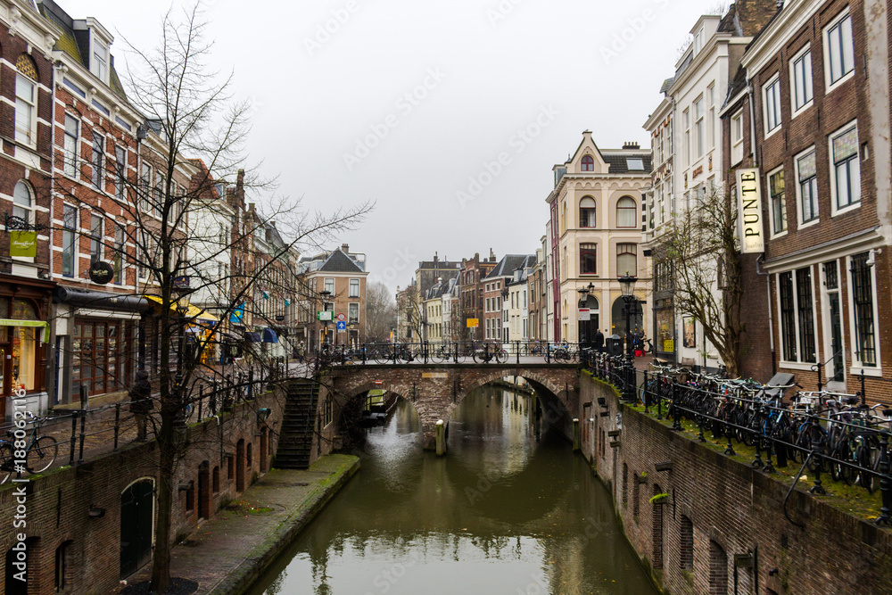 CANAL, Utrecht, Netherlands - December 3, 2017: View of a bridge in Utrecht.