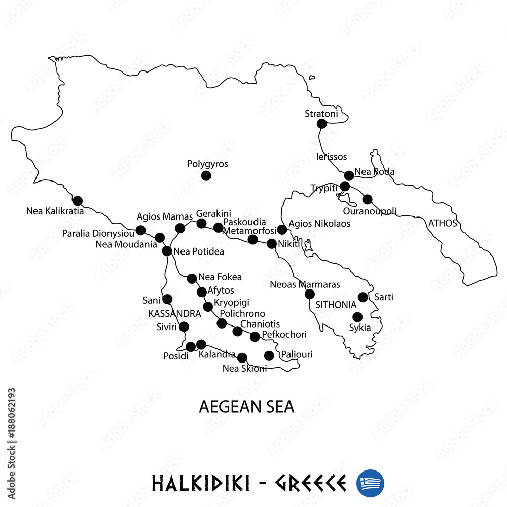 Peninsula of Halkidiki in Greece map on white background