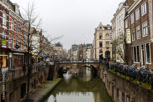 CANAL  Utrecht  Netherlands - December 3  2017  View of a bridge in Utrecht.