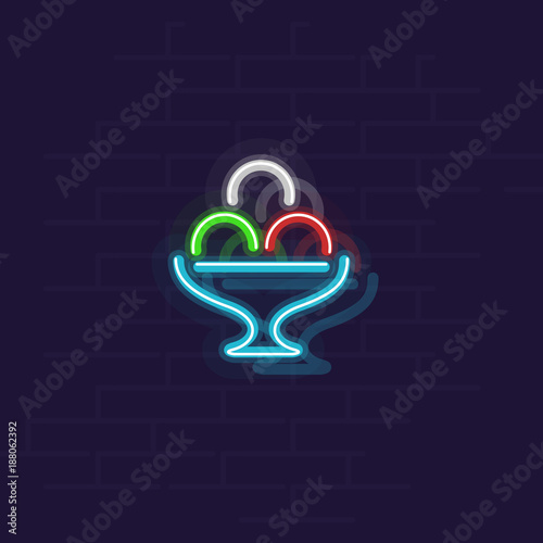 Neon gelato flat icon. Few balls of different color famous italian dessert. Isolated on bricked wall background flat line art style.