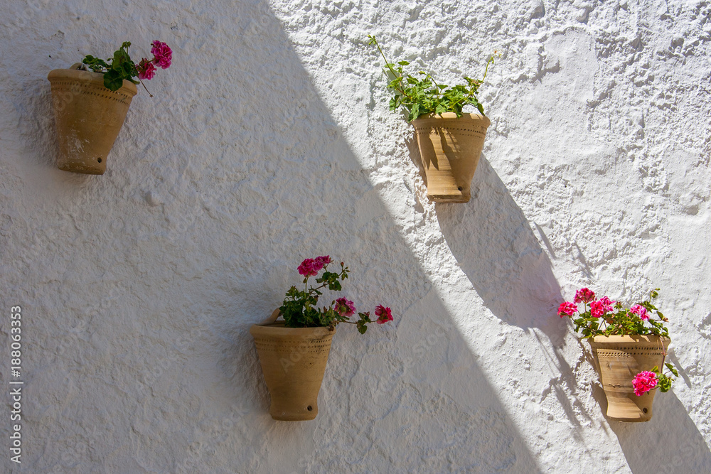 Olvera is a white village in Cadiz province, Andalucia, Southern Spain - typical vases hanging on the wall with carnations