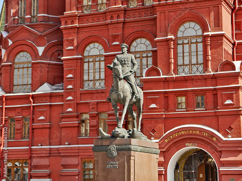 The historical museum on the Red square in Moscow and the monument to the commander marshal Georgy Zhukov photo
