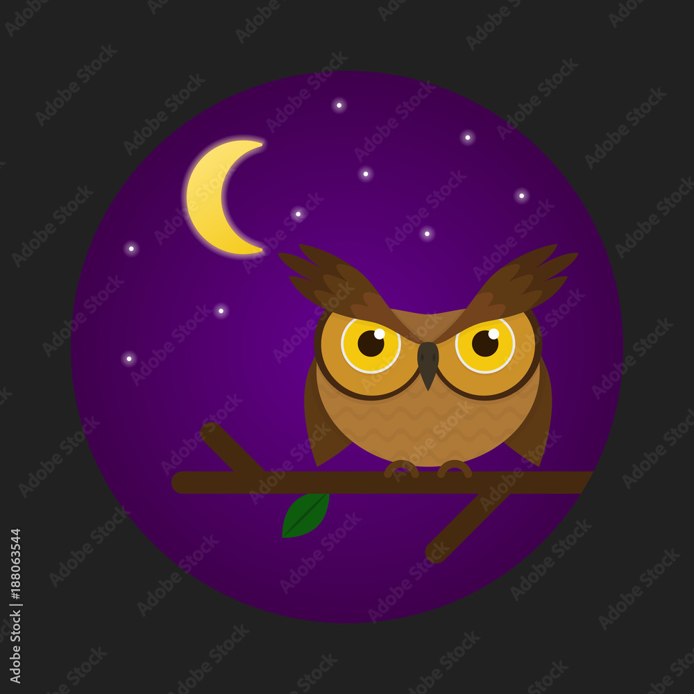 Cute owl on a brunch. Cartoon night owl. Flat vector illustration.