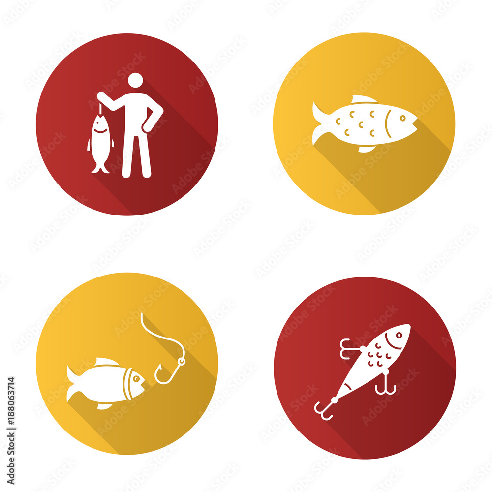 Fishing flat design long shadow glyph icons set Fishing flat design long shadow glyph icons set