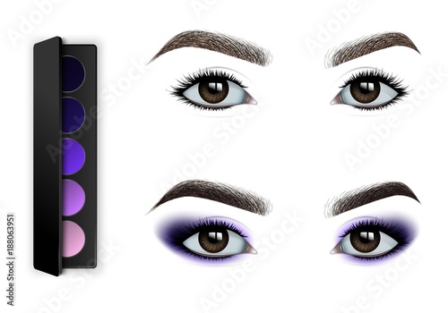 Female eyes before and after makeup. A set of eye shadow. Realistic vector illustration