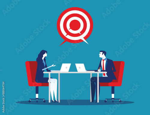 Two business meeting and talking to target. Concept business vector illustraiton. Flat vector design.