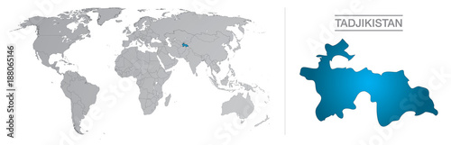 Tadjikistan dans le monde, avec frontières et tous les pays du monde séparés 