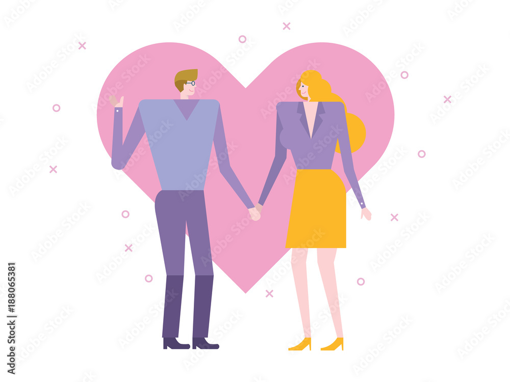Young couple holding hands and walking. Pink heart in the background. Valentine's Day concept. vector illustration Young couple holding hands and walking. Pink heart in the background. Valentine's Day concept. vector illustration