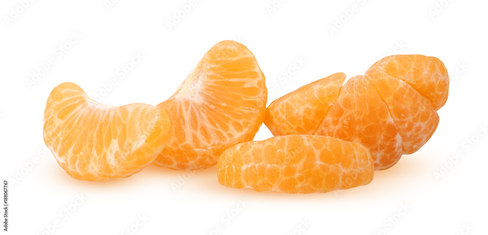 Slices of peeled tangerine isolated on a white background. Slices of peeled tangerine isolated on a white background.