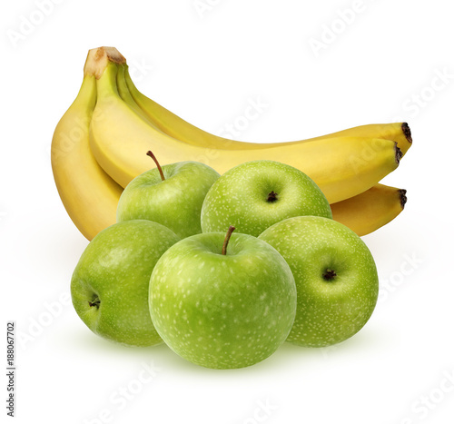 Green apples and a bunch of bananas on white background.