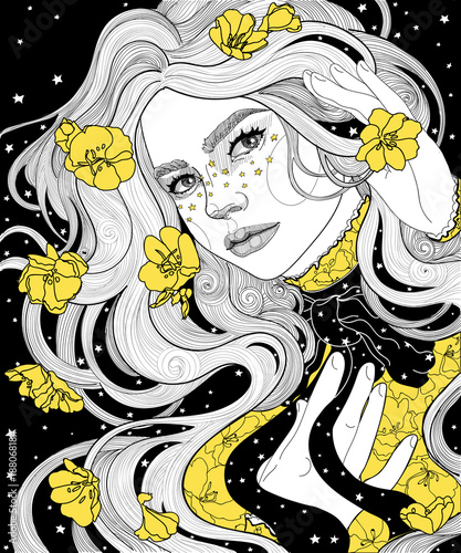 
beautiful girl in a cape raincoat starry night. her hair and dress with the yellow gold flower of Enotera (also called a night candle) that dissolves only after sunset