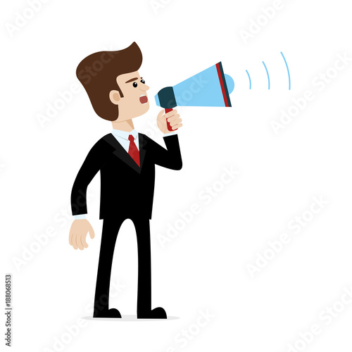 A caucasian businessman in suit shouting with megaphone