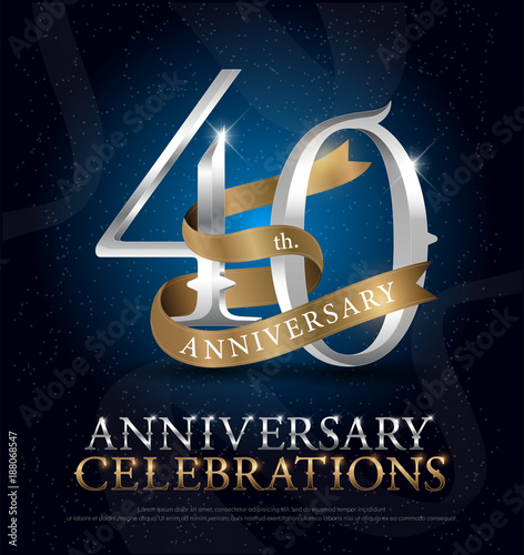 40th years anniversary celebration silver and gold logo with golden ribbon on dark blue background. vector illustrator
