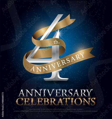 4th years anniversary celebration silver and gold logo with golden ribbon on dark blue background. vector illustrator