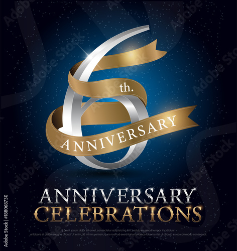 6th years anniversary celebration silver and gold logo with golden ribbon on dark blue background. vector illustrator