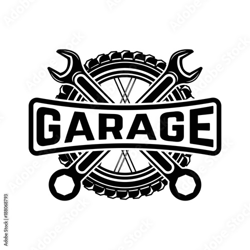 Garage. Service station. Car repair. Design element for logo, label, emblem, sign.