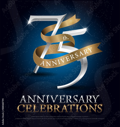 75th years anniversary celebration silver and gold logo with golden ribbon on dark blue background. vector illustrator