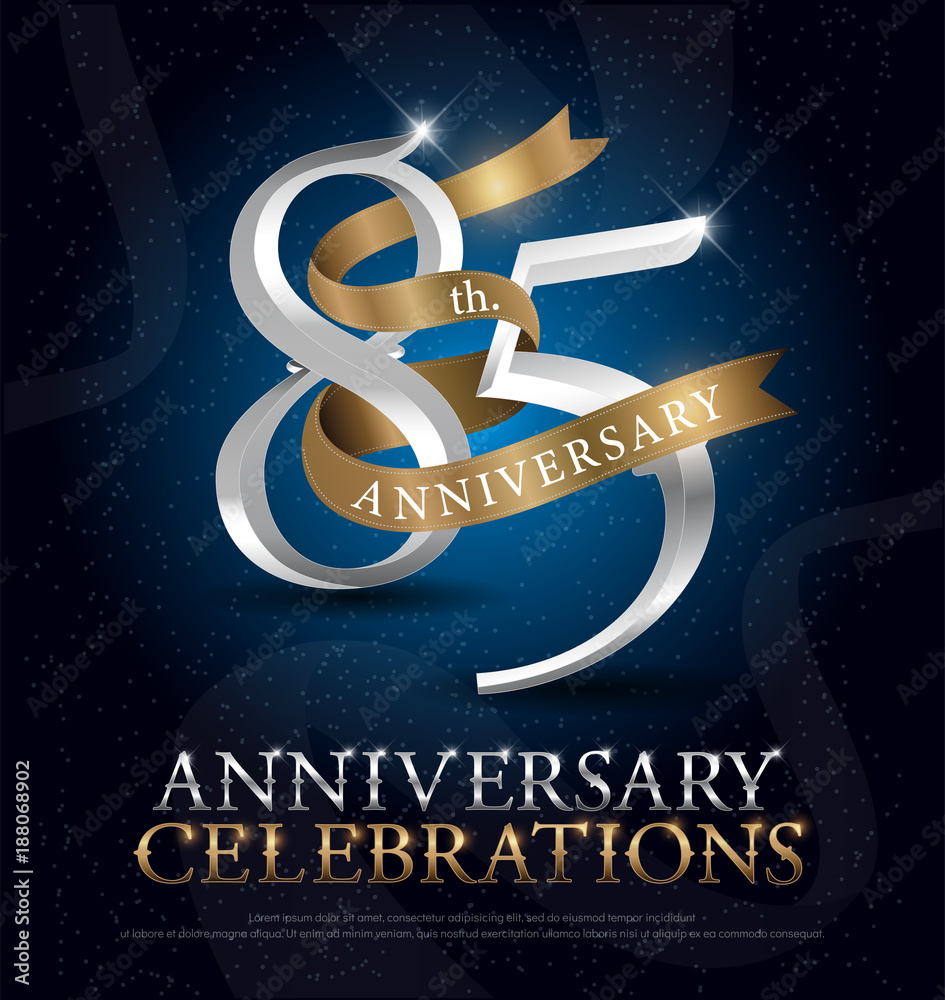 85th Years Anniversary Celebration Silver And Gold Logo With Golden Ribbon On Dark Blue Background Vector Illustrator Stock Vector Adobe Stock